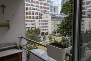 Siatka na balkonie widok z wnętrza mieszkania. Siatka w kolorze beżowym zamontowana za barierką.